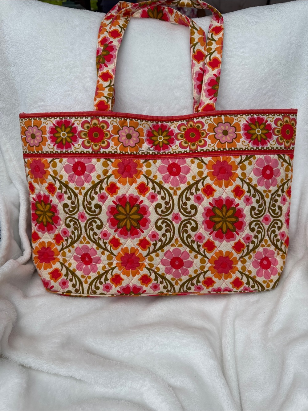 Vera Bradley Quilted Floral Tote in Pink, Orange & Olive